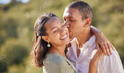 Preview: Happy black woman and man couple kiss, love and dating in relationship summer nature romance date.