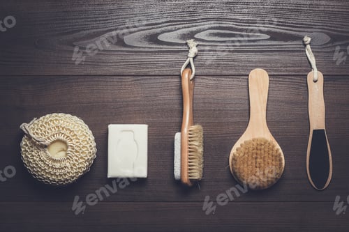 Preview: bath accessories on the brown wooden background