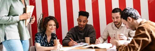 Preview: Mixed-race group shares ideas creative thoughts with multi-ethnic mates