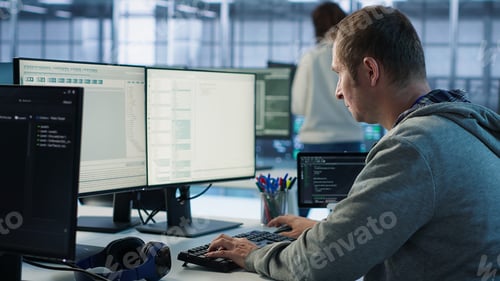 Preview: IT programmer arriving at work in data center, sitting at PC desk