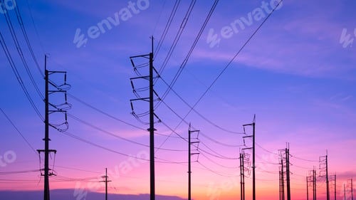 Preview: Silhouette row of electric poles with cable lines against colorful dusk sky background after sundown