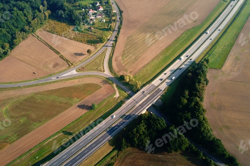 Preview: Car traffic on highway at summer day, aerial view