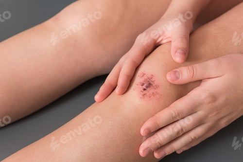 Preview: Injured leg wound knee with blood and doctor's hands in blue medical gloves treats a patient