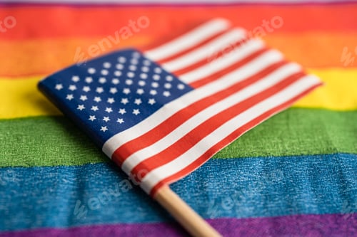 Preview: USA America flag on rainbow background symbol of LGBT gay pride month social movement rainbow flag