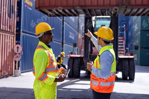 Preview: Engineer working in container storage yard stand front of container lift truck ready to delivery