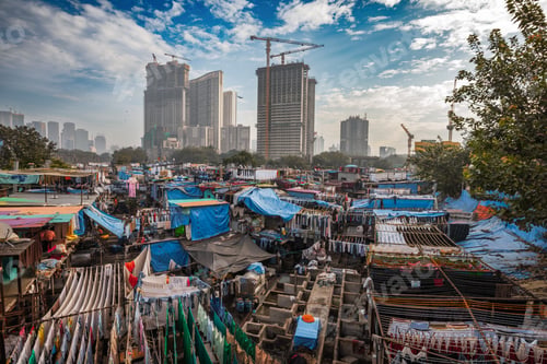 Preview: Contrast of Mumbai skyscrapers and Dhobi Ghat laundry.