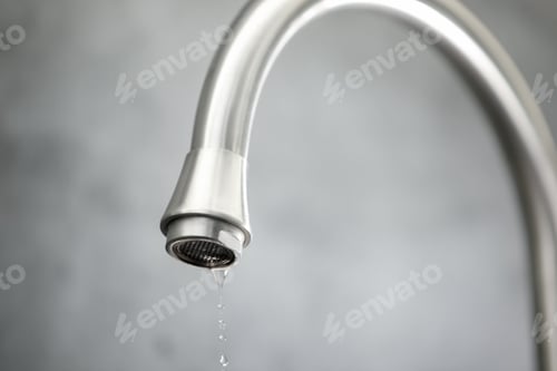 Preview: Save water concept. Water dripping from tap against grey background, closeup