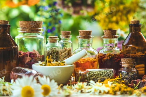 Preview: Tincture of medicinal herbs in bottles. Selective focus.