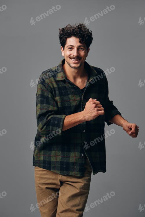 Preview: Handsome man trendy portrait style copyspace expression face hipster fashion gesture smile shirt