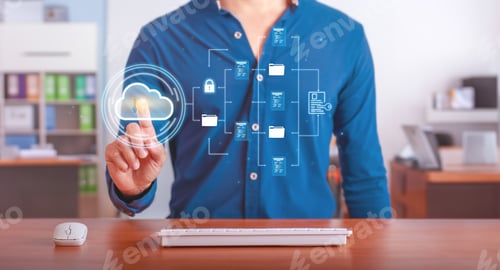 Preview: Cloud computing for document management. Man using virtual interface to organize and secure files.