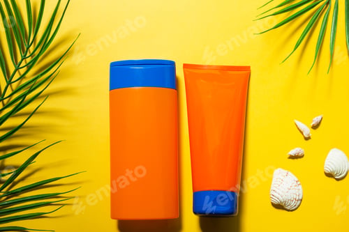 Preview: Two tubes with mock up sunscreens on a yellow summer background.
