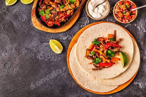 Preview: FAJITAS with colored pepper and onions, served with tortillas.