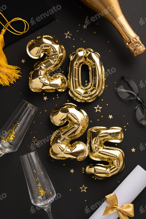 Preview: Image featuring golden balloons forming the number 2025 surrounded by celebratory items