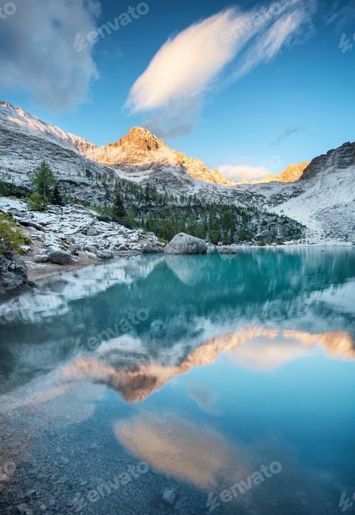 Preview: Sorapis lake in the Dolomite Alps, Italy. Mountains and reflection on the water surface.