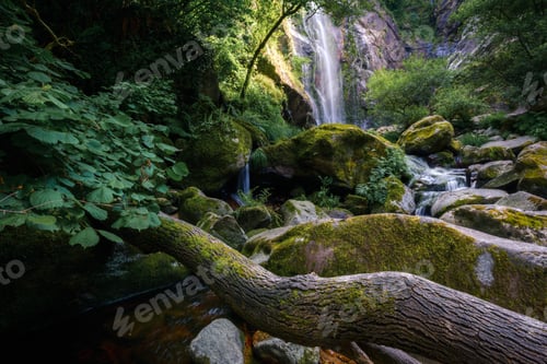 Preview: A fallen trunk in the course of the stream that forms the Toxa waterfall