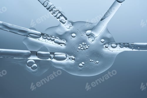 Preview: The serum flows from several pipettes into a single texture on a blue background.