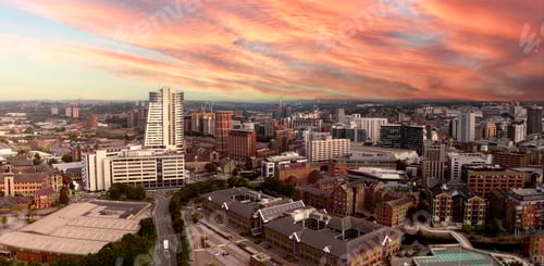 Preview: Aerial panorama of Leeds cityscape skyline at sunrise