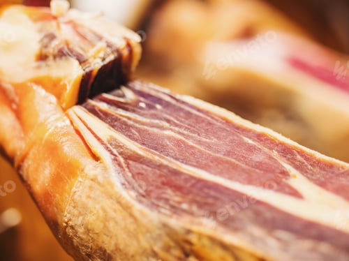 Preview: Pork leg. Jamon meat close up