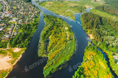 Preview: Aerial View Of Summer River Landscape In Sunny Summer Day. Top View Of Beautiful European Nature
