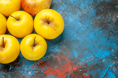 Preview: top view fresh sweet apples lined on blue background diet vitamine tasty health ripe photo mellow