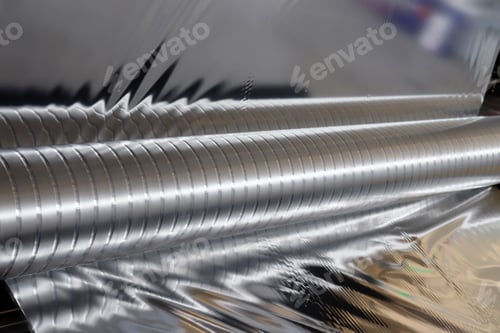 Preview: Roll of aluminum foil for food packaging on the automatic packing machine in food product factory.