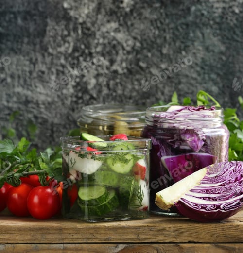Preview: various homemade pickles, cucumbers, cabbage, olives
