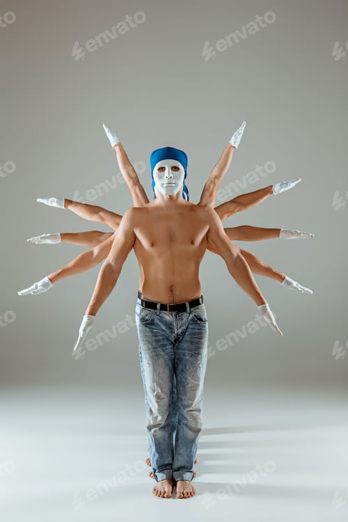 Preview: The group of caucasian men in white masks and hats, jeans