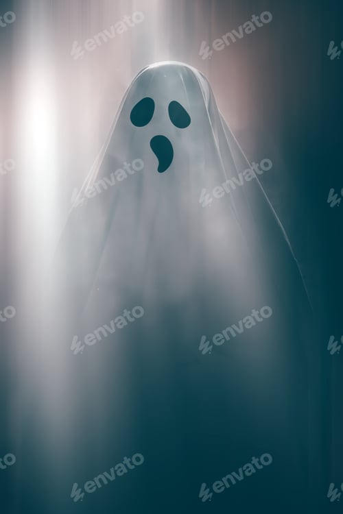 Preview: Halloween concept with ghost in smoky night