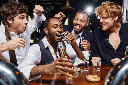 Preview: happy interracial men cheering near african american friend drinking tequila shot and holding beer