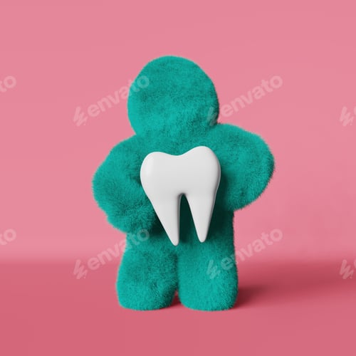 Preview: Cute turquoise furry Yeti white healthy tooth Faceless bigfoot. Creative dental clinic advertisiment