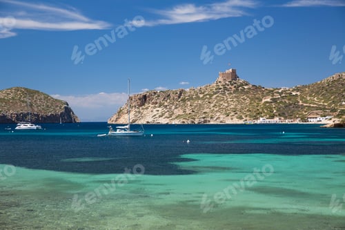 Preview: Distant view of castle on coastline, Cabrera National Park, Cabrera, Balearic Islands, Spain