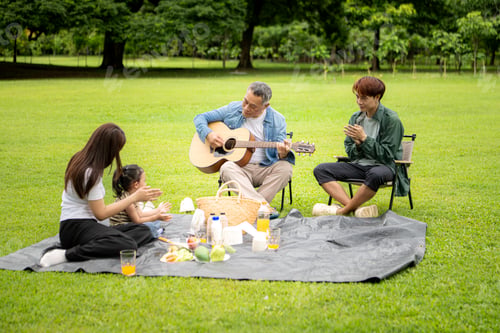 Preview: Happy multi generational Asian family enjoying picnic in the park,