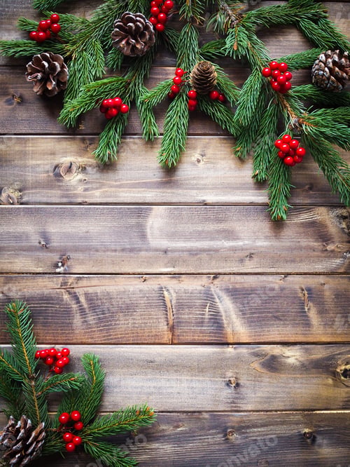 Preview: Festive Greenery and Berries on Rustic Wood Table