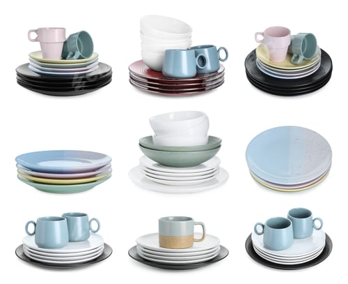 Preview: Stacks of ceramic plates, bowls and cups isolated on white, set