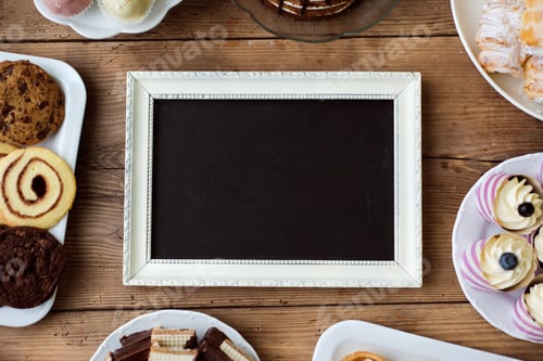 Preview: Picture frame and cookies, cupcakes and other treats. Copy space.