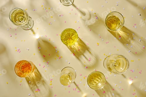 Preview: Various translucent glasses filled with white wine