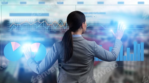 Preview: Business Planning. Businesswoman touching virtual screen with digital company data infographic