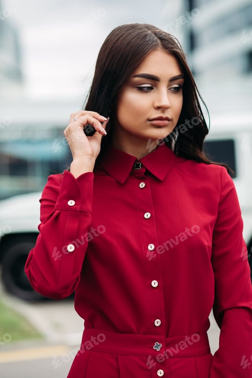 Preview: Woman in Red Shirt Dress Posing Outdoors