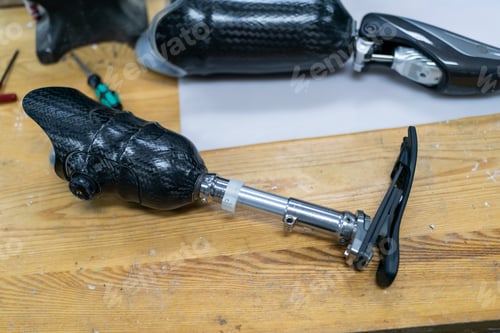 Preview: prosthetic leg at prosthetist clinic.. Prosthetics Laboratory