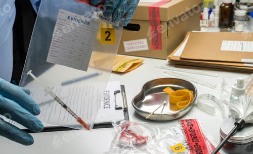 Preview: Police scientist holding evidence bag with syringe from drug overdose case, conceptual image