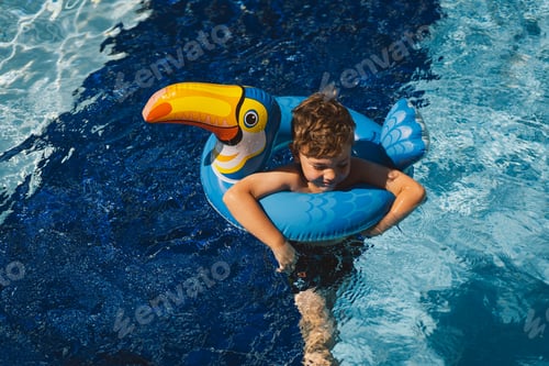 Preview: A boy in a swimming pool on a sunny day, using an swimming circle designed to look like a blue bird.