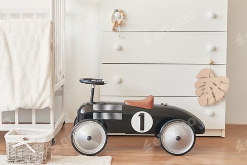 Preview: Kids room scandinavia. Wooden toys in children's room. Loft style nursery. Children's bedroom