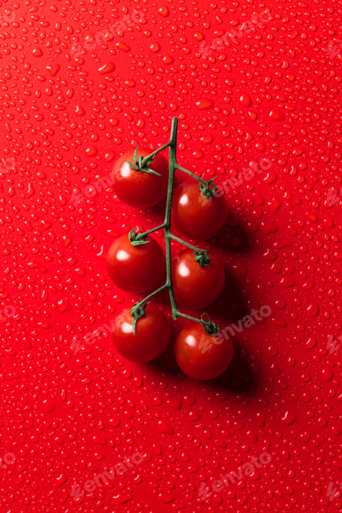 Preview: elevated view of cherry tomatoes on red surface with water drops