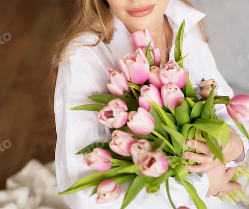 Preview: Woman with Pink Tulips in a White Shirt