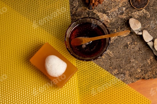 Preview: Handmade soap and honey on textured surface