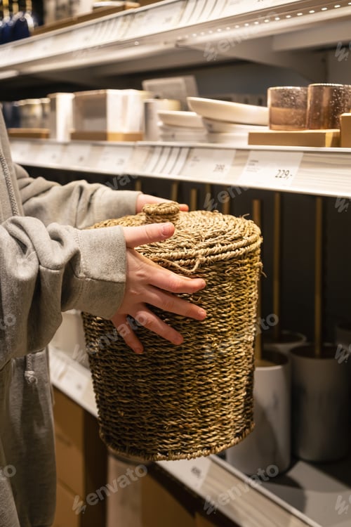 Visualização: Uma jovem escolhe cestos para o interior de uma casa em uma loja de materiais de construção.