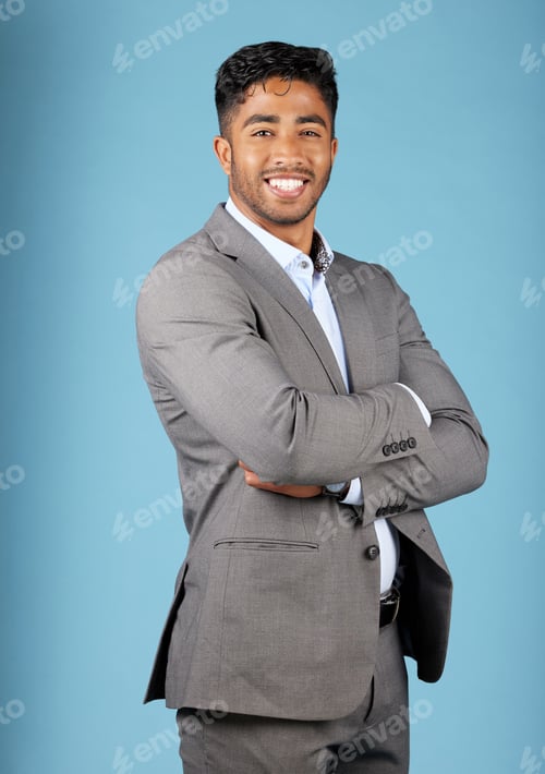 Preview: Businessman, happy portrait and pride in suit with arms crossed, motivation and vision for success