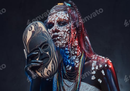 Preview: Portrait of a scary African shaman female with a petrified cracked skin and dreadlocks
