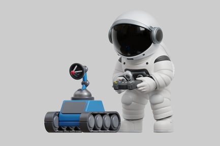 Visualização: Astronauta brincando com brinquedo rover