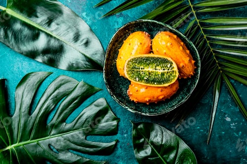 Preview: Tropical fruin KIWANO passion fruit in green bowl on turquoise background with tropical palm tree
